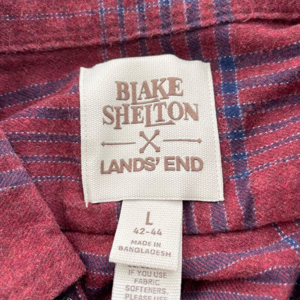 BLAKE SHELTON FOR LANDS’ END Men’s Size Large Maroon & Blue Plaid Flannel Shirt - Picture 3 of 5